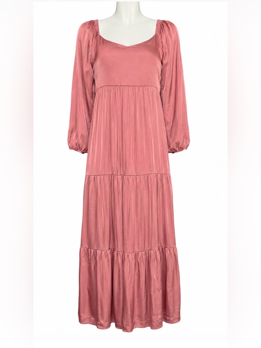NEW SOMA SPICED WHISKEY CRINKLE SATIN V-NECK TIERED MAXI BRA DRESS SIZE SMALL